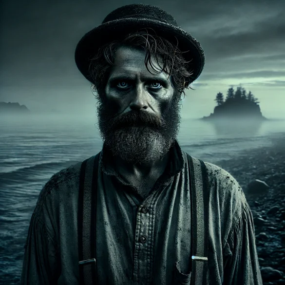 A ghostly Jean Baptiste, a 19th-century grave robber, stands on the desolate shore of the Great Salt Lake at night. He wears worn 1860s work clothes, his gaunt face illuminated by the moonlight, while mist rolls over the dark water behind him.