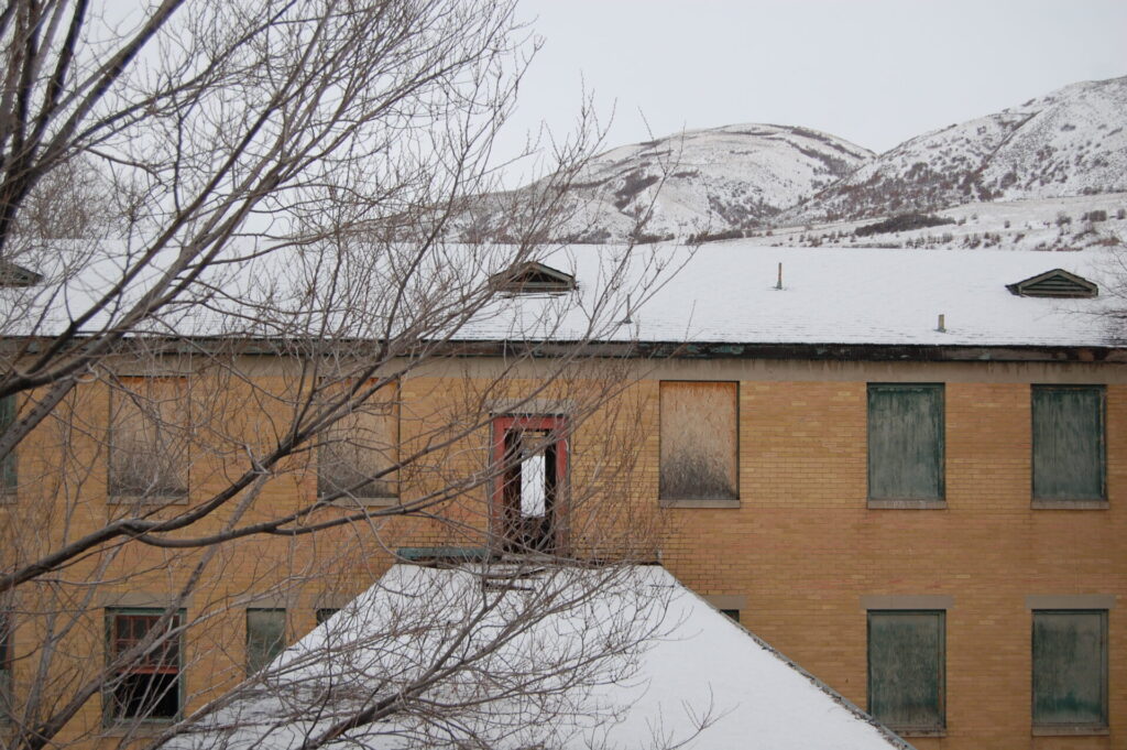 Abandoned Brigham City Indian School in the snow, December 2012