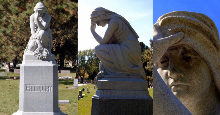 Three views of the Cronquist weeping woman monument at Logan Cemetery: full statue on pedestal, side profile of the seated grieving figure, and close-up of the face