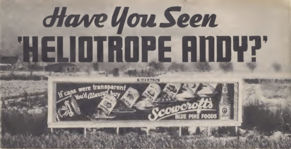 Header from "Veil of Mystery: Have You Seen Heliotrope Andy?" American Detective magazine, August 1936, showing the Scowcroft's Blue Pine Foods billboard on Wall Avenue in Ogden, Utah, behind which Anna Eddy Haworth's body was found on May 19, 1928.